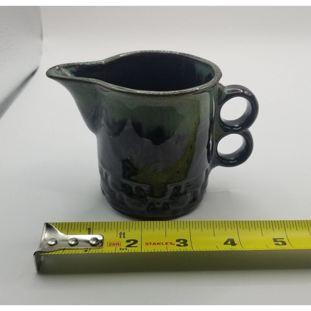 Vintage Japan Dark Brown Green Drip Glaze Trigger Handle Pottery Creamer Pitcher - Picture 9 of 9